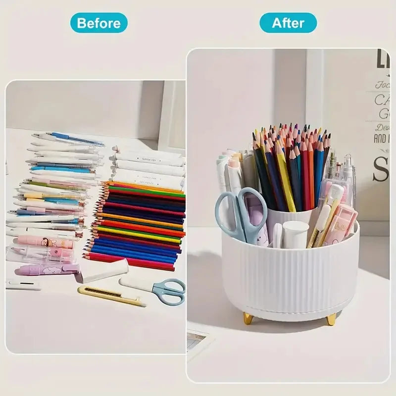 Organizador de maquillaje giratorio de 360°, soporte para maquillaje, almacenamiento de cosméticos con 5 compartimentos, soporte multifuncional para brochas y bolígrafos