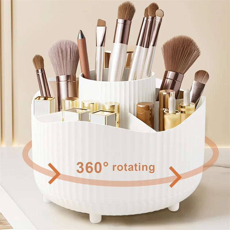 Organizador de maquillaje giratorio de 360°, soporte para maquillaje, almacenamiento de cosméticos con 5 compartimentos, soporte multifuncional para brochas y bolígrafos