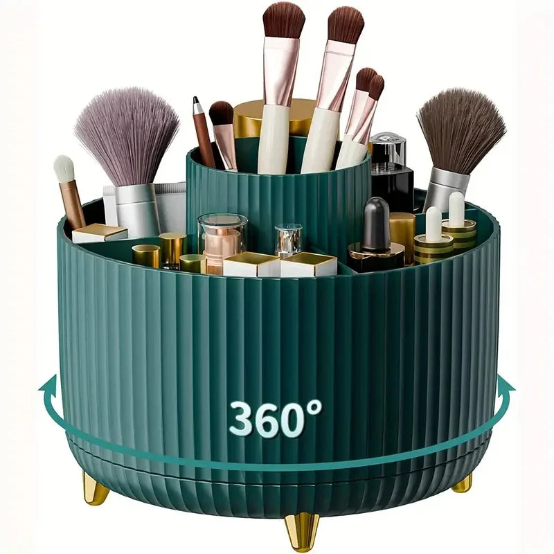 Organizador de maquillaje giratorio de 360°, soporte para maquillaje, almacenamiento de cosméticos con 5 compartimentos, soporte multifuncional para brochas y bolígrafos