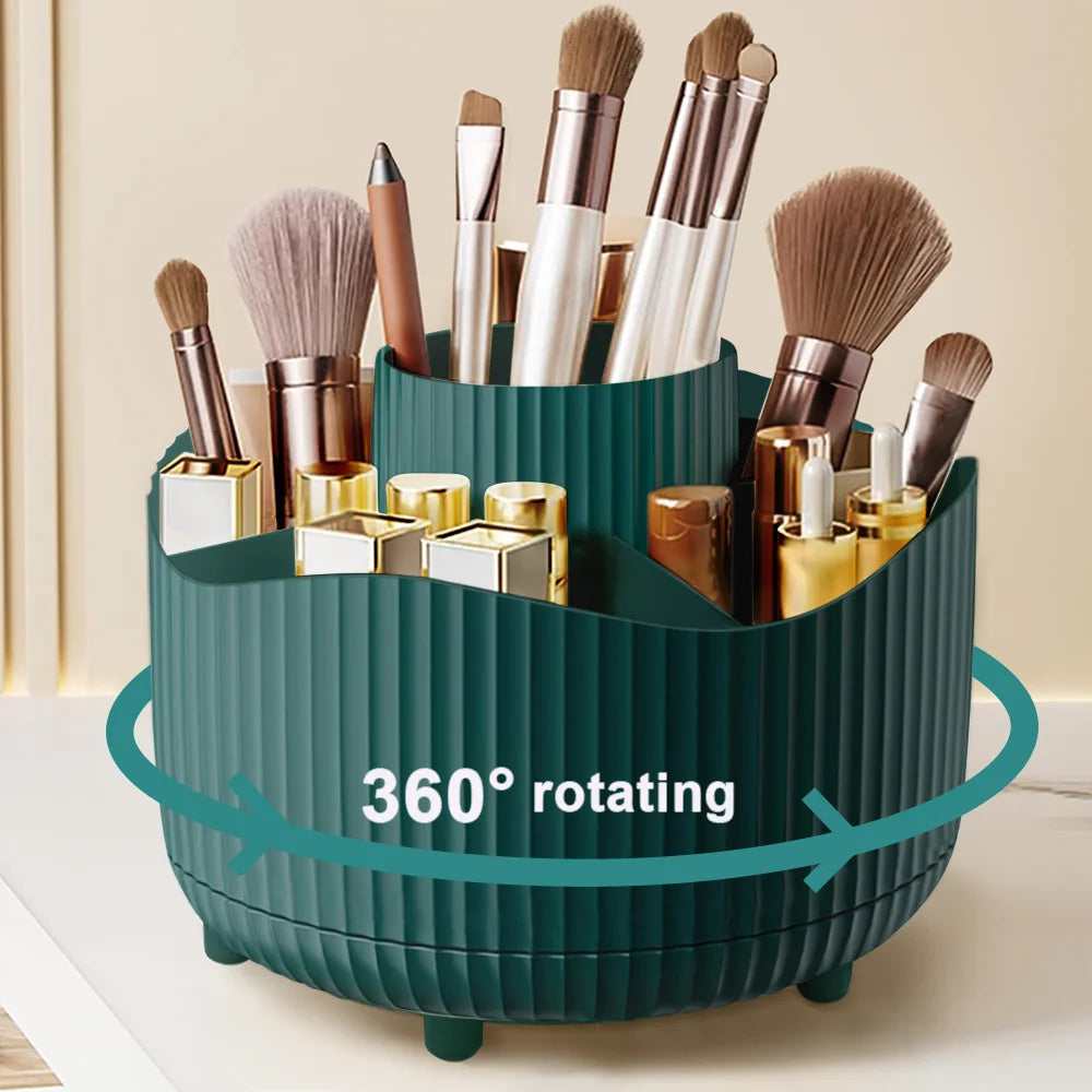 Organizador de maquillaje giratorio de 360°, soporte para maquillaje, almacenamiento de cosméticos con 5 compartimentos, soporte multifuncional para brochas y bolígrafos