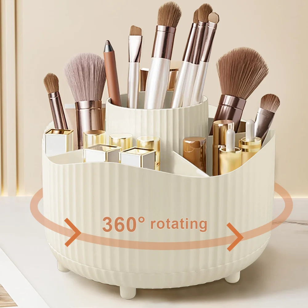 Organizador de maquillaje giratorio de 360°, soporte para maquillaje, almacenamiento de cosméticos con 5 compartimentos, soporte multifuncional para brochas y bolígrafos