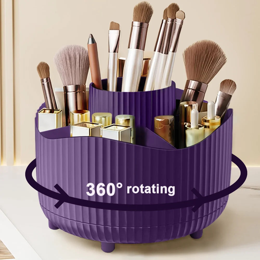 Organizador de maquillaje giratorio de 360°, soporte para maquillaje, almacenamiento de cosméticos con 5 compartimentos, soporte multifuncional para brochas y bolígrafos