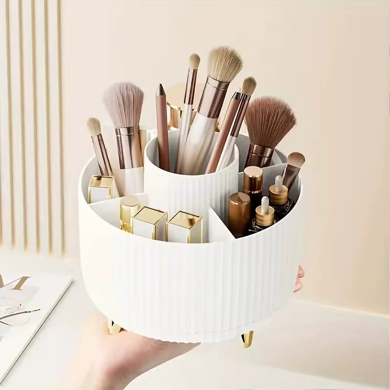Organizador de maquillaje giratorio de 360°, soporte para maquillaje, almacenamiento de cosméticos con 5 compartimentos, soporte multifuncional para brochas y bolígrafos