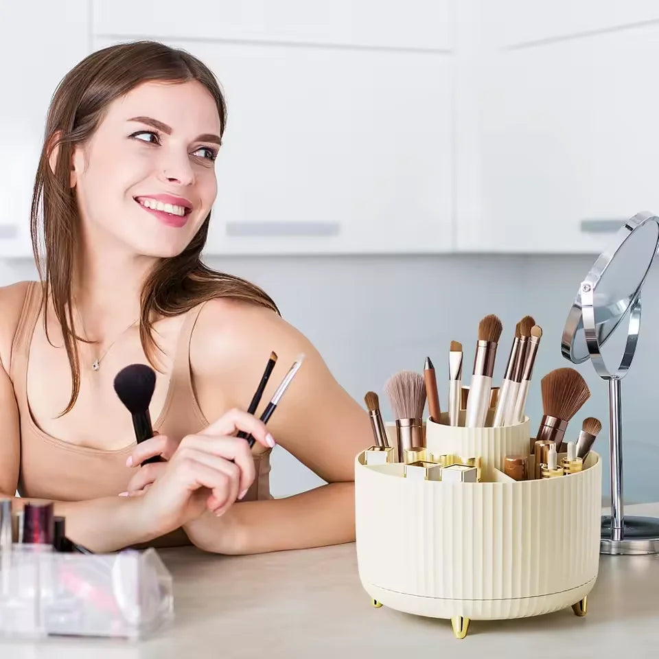 Organizador de maquillaje giratorio de 360°, soporte para maquillaje, almacenamiento de cosméticos con 5 compartimentos, soporte multifuncional para brochas y bolígrafos