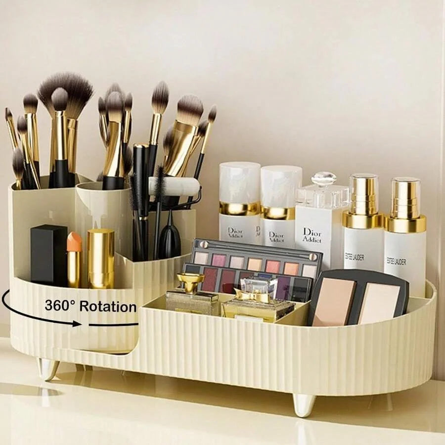 Organizador de maquillaje giratorio de 360°, soporte para maquillaje, almacenamiento de cosméticos con 5 compartimentos, soporte multifuncional para brochas y bolígrafos