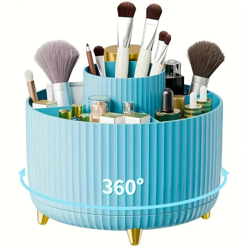 Organizador de maquillaje giratorio de 360°, soporte para maquillaje, almacenamiento de cosméticos con 5 compartimentos, soporte multifuncional para brochas y bolígrafos