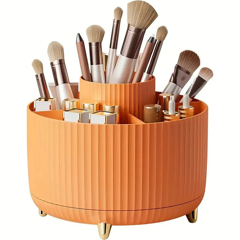 Organizador de maquillaje giratorio de 360°, soporte para maquillaje, almacenamiento de cosméticos con 5 compartimentos, soporte multifuncional para brochas y bolígrafos