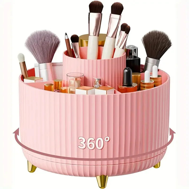 Organizador de maquillaje giratorio de 360°, soporte para maquillaje, almacenamiento de cosméticos con 5 compartimentos, soporte multifuncional para brochas y bolígrafos