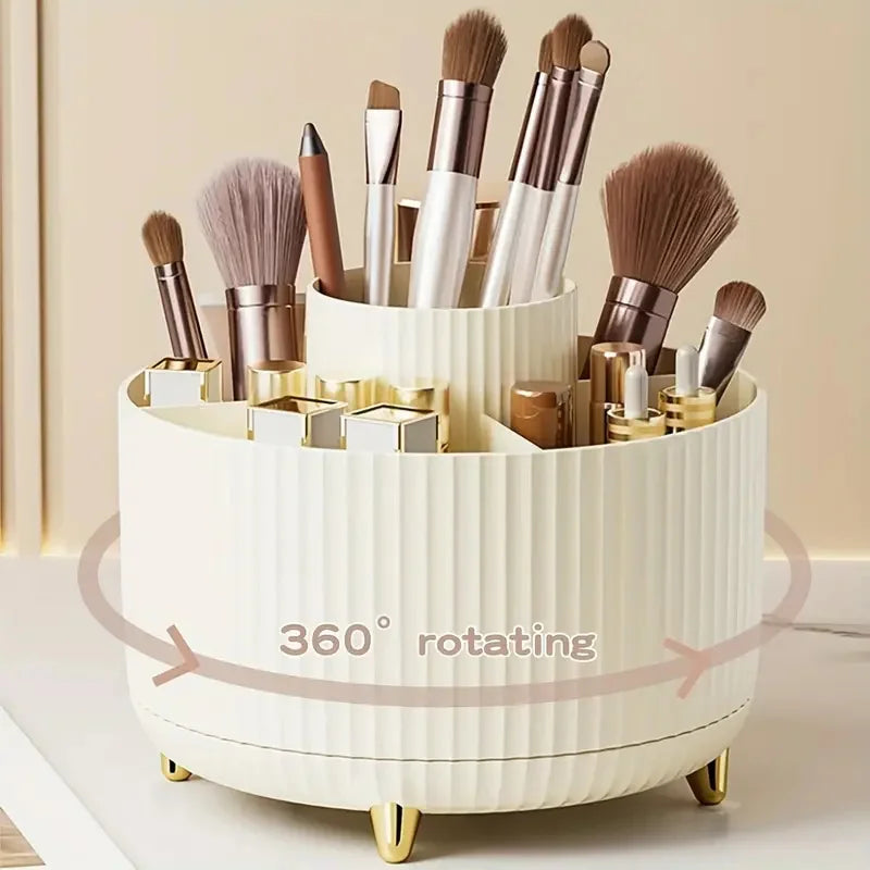 Organizador de maquillaje giratorio de 360°, soporte para maquillaje, almacenamiento de cosméticos con 5 compartimentos, soporte multifuncional para brochas y bolígrafos