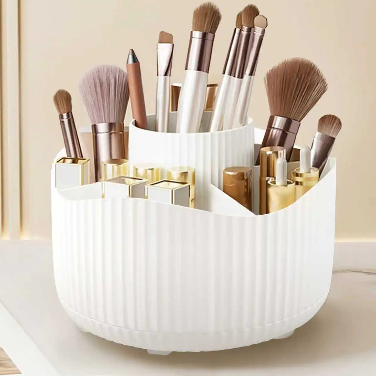 Organizador de maquillaje giratorio de 360°, soporte para maquillaje, almacenamiento de cosméticos con 5 compartimentos, soporte multifuncional para brochas y bolígrafos