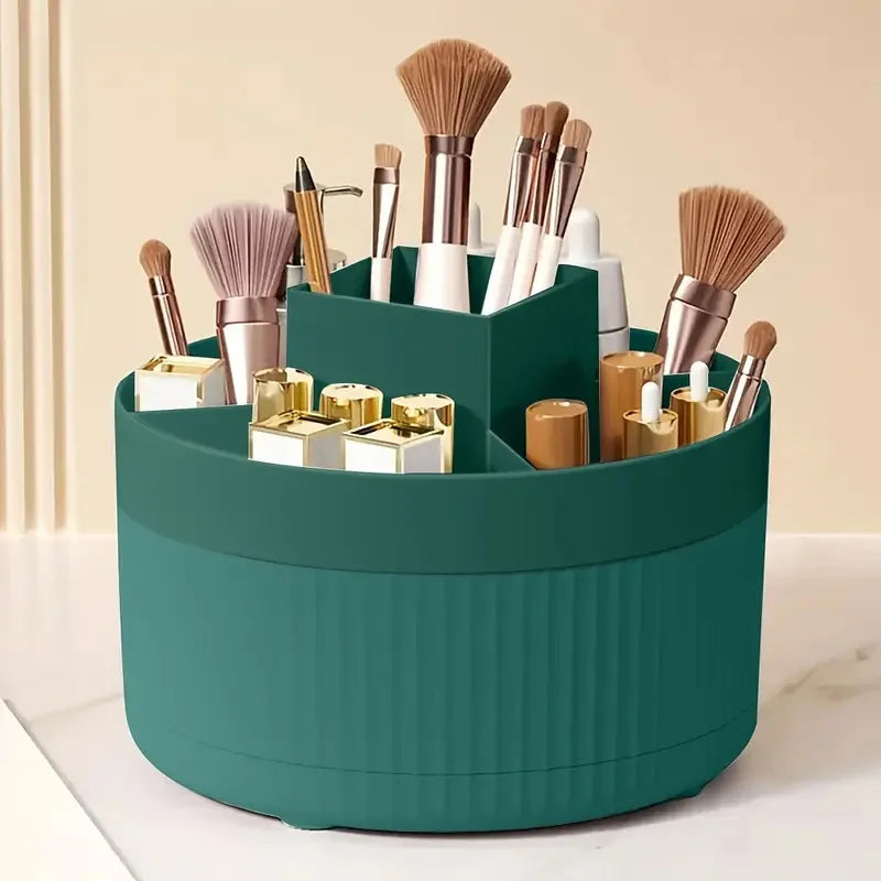 Organizador de maquillaje giratorio de 360°, soporte para maquillaje, almacenamiento de cosméticos con 5 compartimentos, soporte multifuncional para brochas y bolígrafos