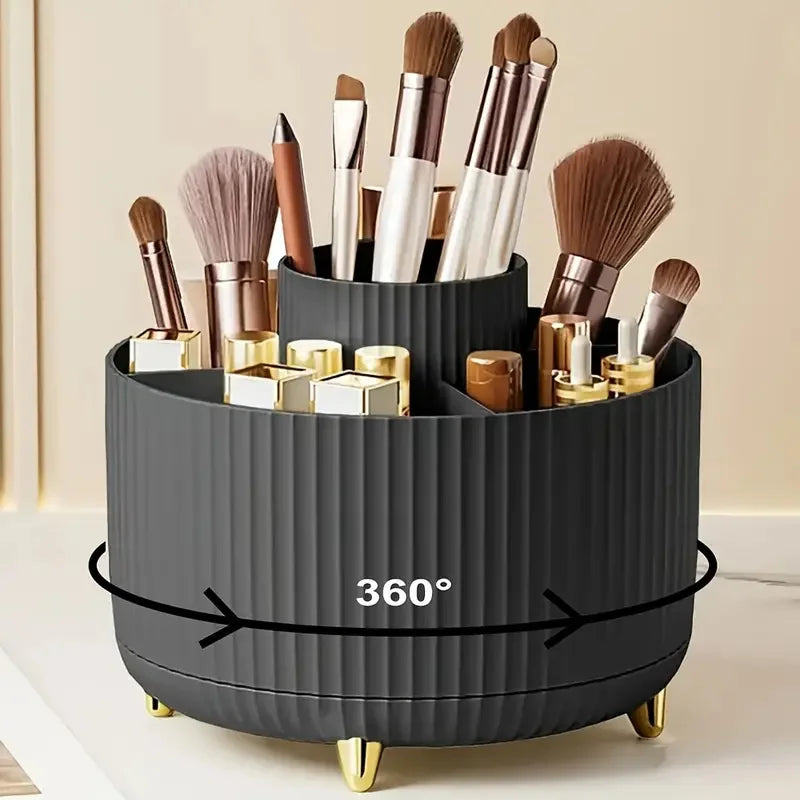 Organizador de maquillaje giratorio de 360°, soporte para maquillaje, almacenamiento de cosméticos con 5 compartimentos, soporte multifuncional para brochas y bolígrafos