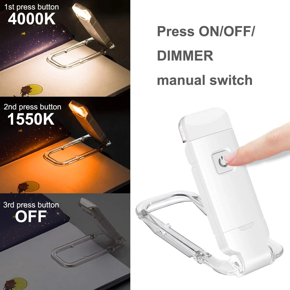 Mini Clip-on Reading Light, Small LED Night Light, USB Rechargeable, Adjustable Brightness, Eye Protection, Portable
