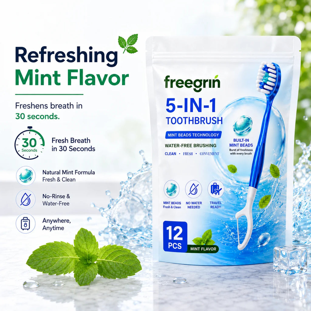 5-in-1 Travel Toothbrush 🦷✈️ — Fresh Mint, Waterless, Dental Floss & Tongue Scraper | 12-Pack