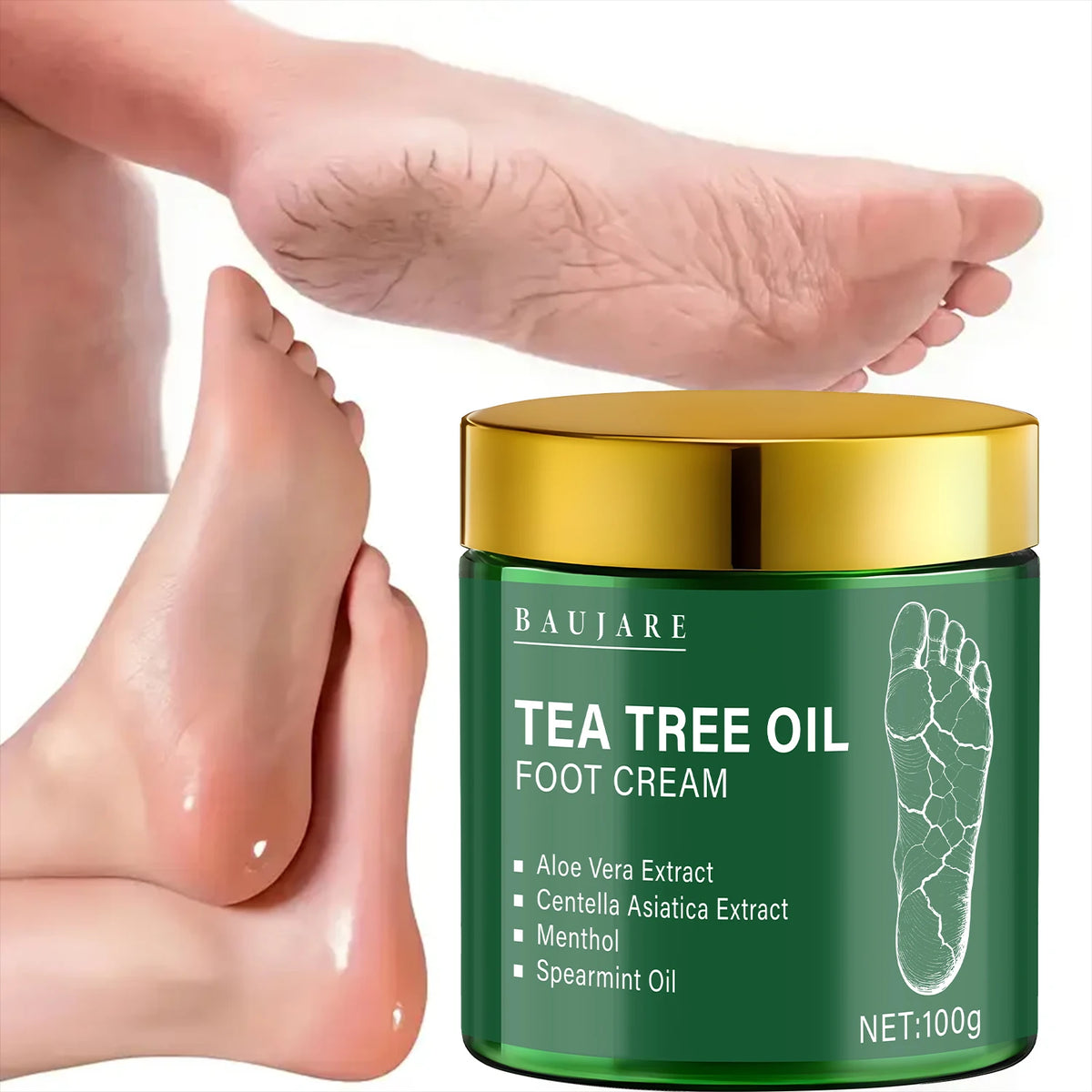 Crème pour les pieds à l'huile d'arbre à thé avec aloès et menthol - Hydrate et adoucit la peau avec de l'acide hyaluronique et du rétinol