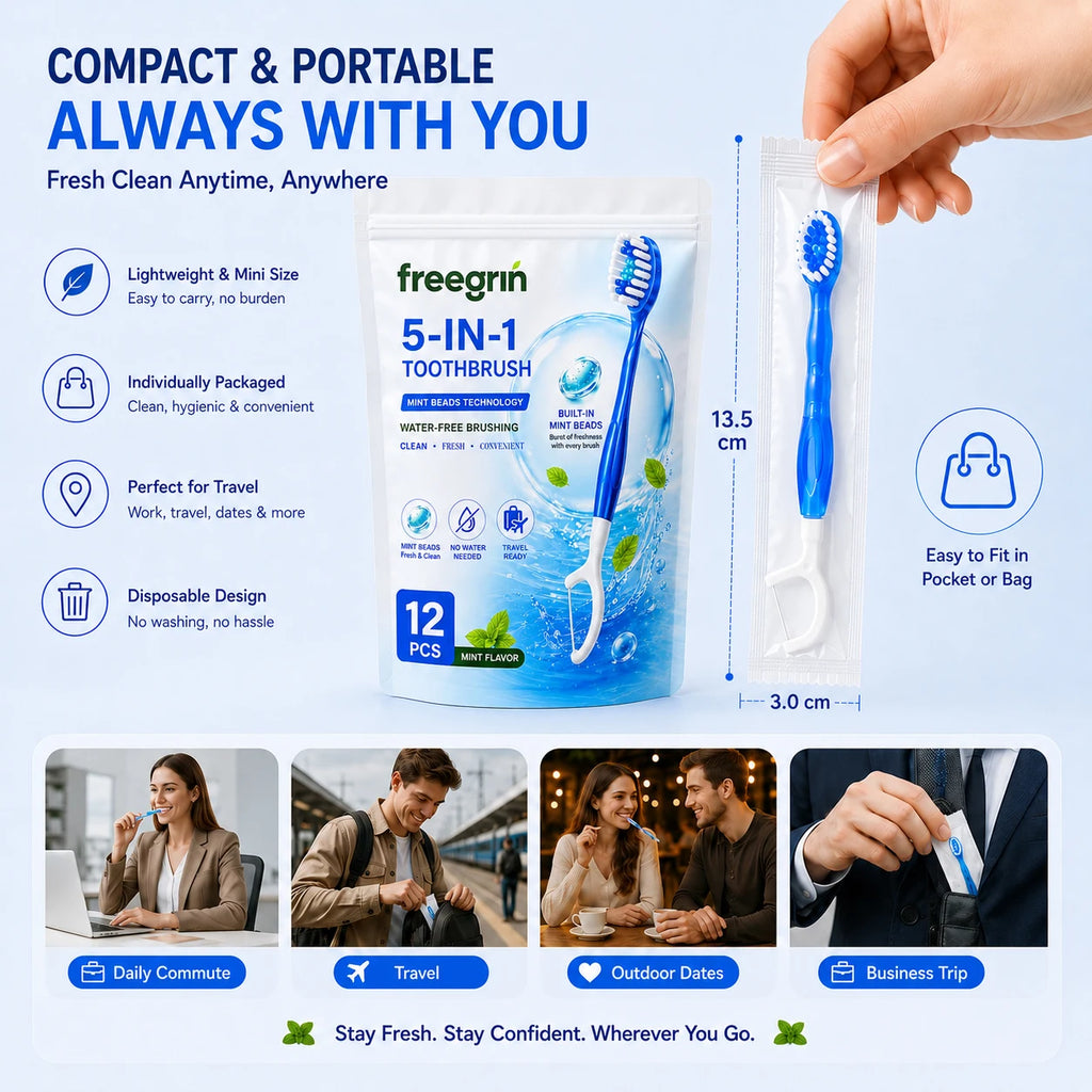 5-in-1 Travel Toothbrush 🦷✈️ — Fresh Mint, Waterless, Dental Floss & Tongue Scraper | 12-Pack
