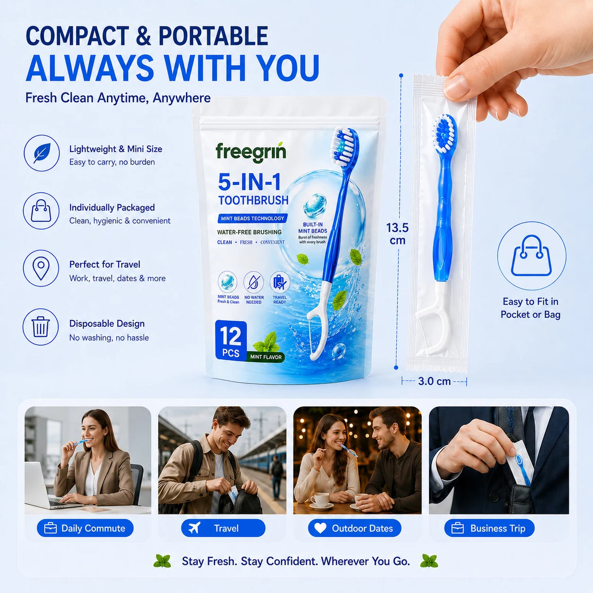 5-in-1 Travel Toothbrush 🦷✈️ — Fresh Mint, Waterless, Dental Floss & Tongue Scraper | 12-Pack