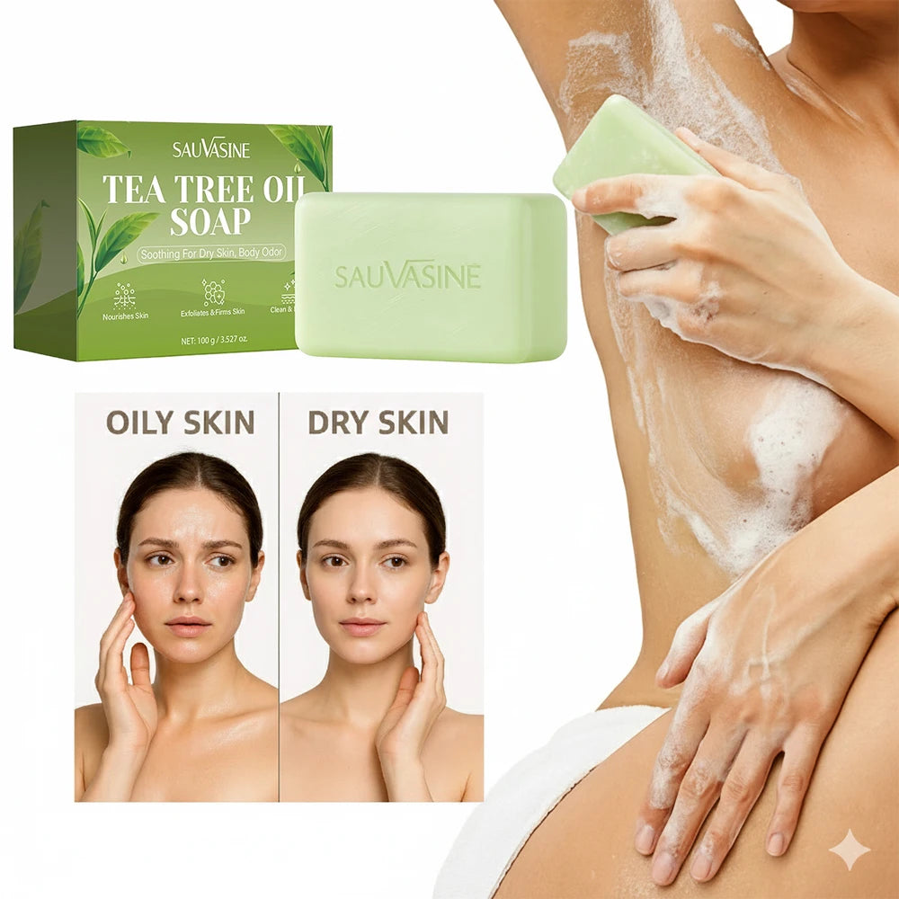 Jabón en barra de aceite de árbol de té para hombres y mujeres, limpieza profunda, calmante para piel seca, cuidado del mal olor corporal, exfolia y reafirma la piel, 100g
