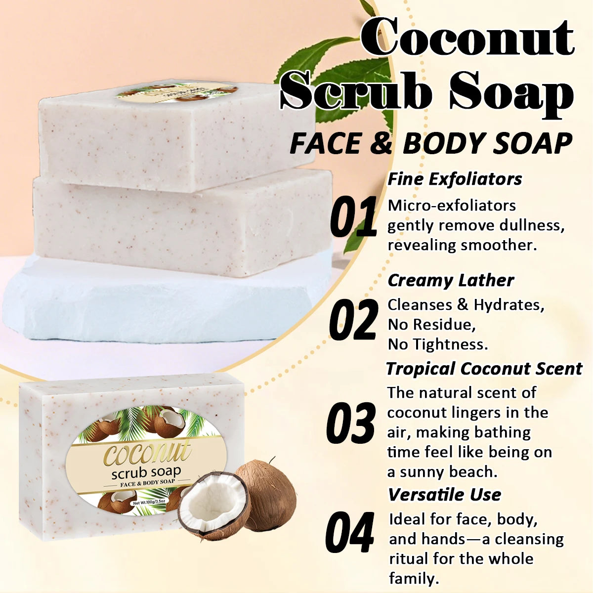 Savon exfoliant artisanal au coco, nettoyant pour le visage et le corps, savon hydratant longue durée, élimine les peaux mortes