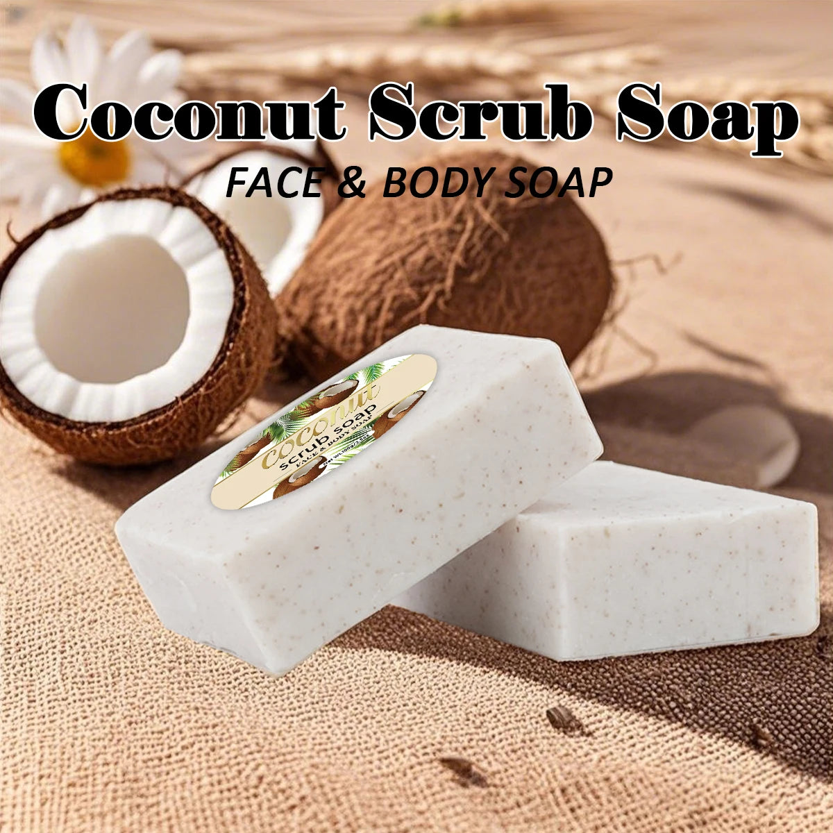 Savon exfoliant artisanal au coco, nettoyant pour le visage et le corps, savon hydratant longue durée, élimine les peaux mortes