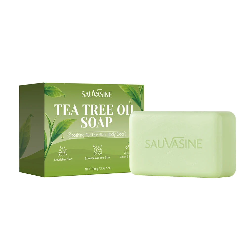 Jabón en barra de aceite de árbol de té para hombres y mujeres, limpieza profunda, calmante para piel seca, cuidado del mal olor corporal, exfolia y reafirma la piel, 100g