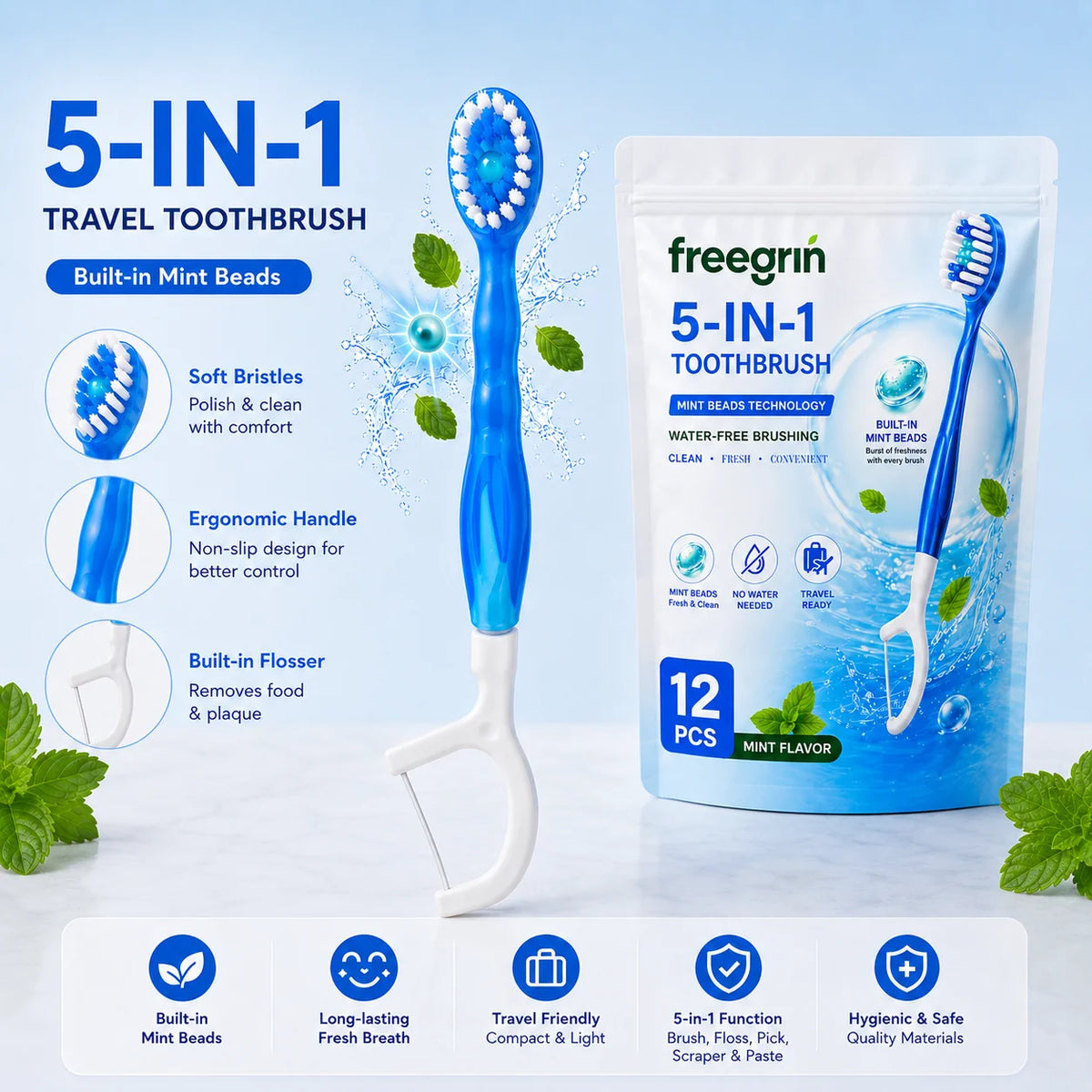 5-in-1 Travel Toothbrush 🦷✈️ — Fresh Mint, Waterless, Dental Floss & Tongue Scraper | 12-Pack