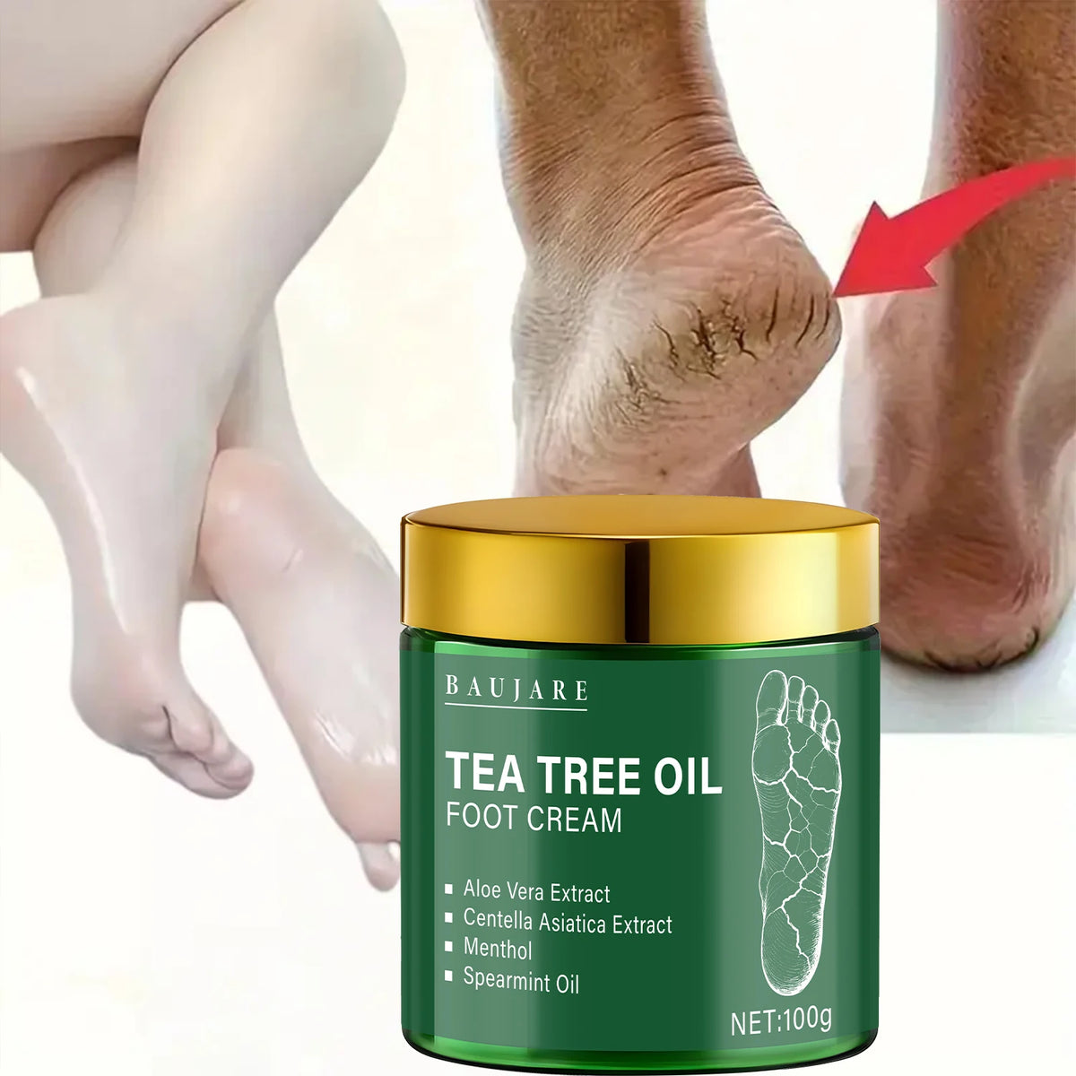 Crema para pies de aceite de árbol de té con aloe y mentol - Hidrata y suaviza la piel con ácido hialurónico y retinol