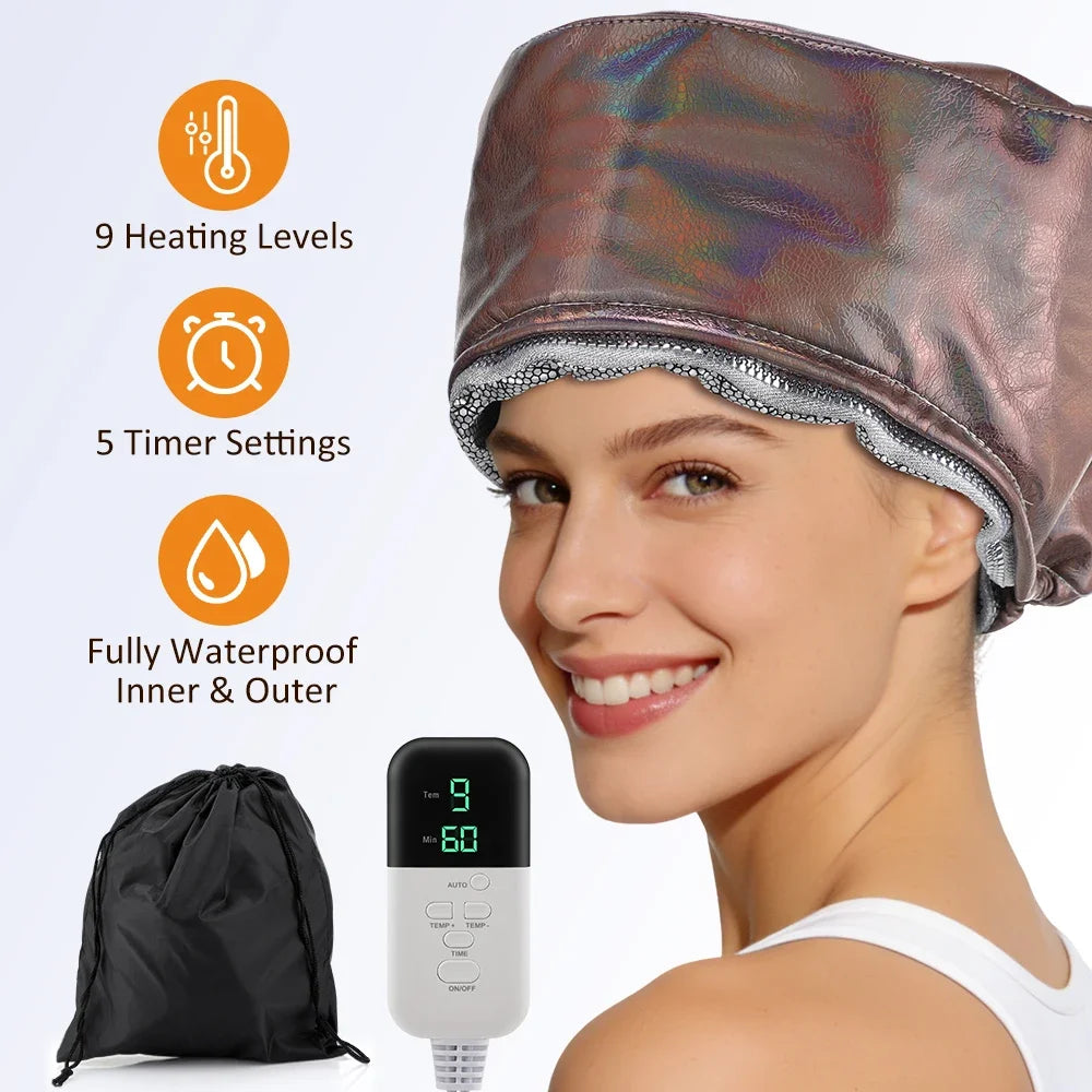 Gorro térmico para el cabello de piel sintética con 9 niveles de temperatura y 5 temporizadores, gorro impermeable para el cuidado del cabello en casa, herramientas de peluquería, gorro de spa para el cuidado del cabello