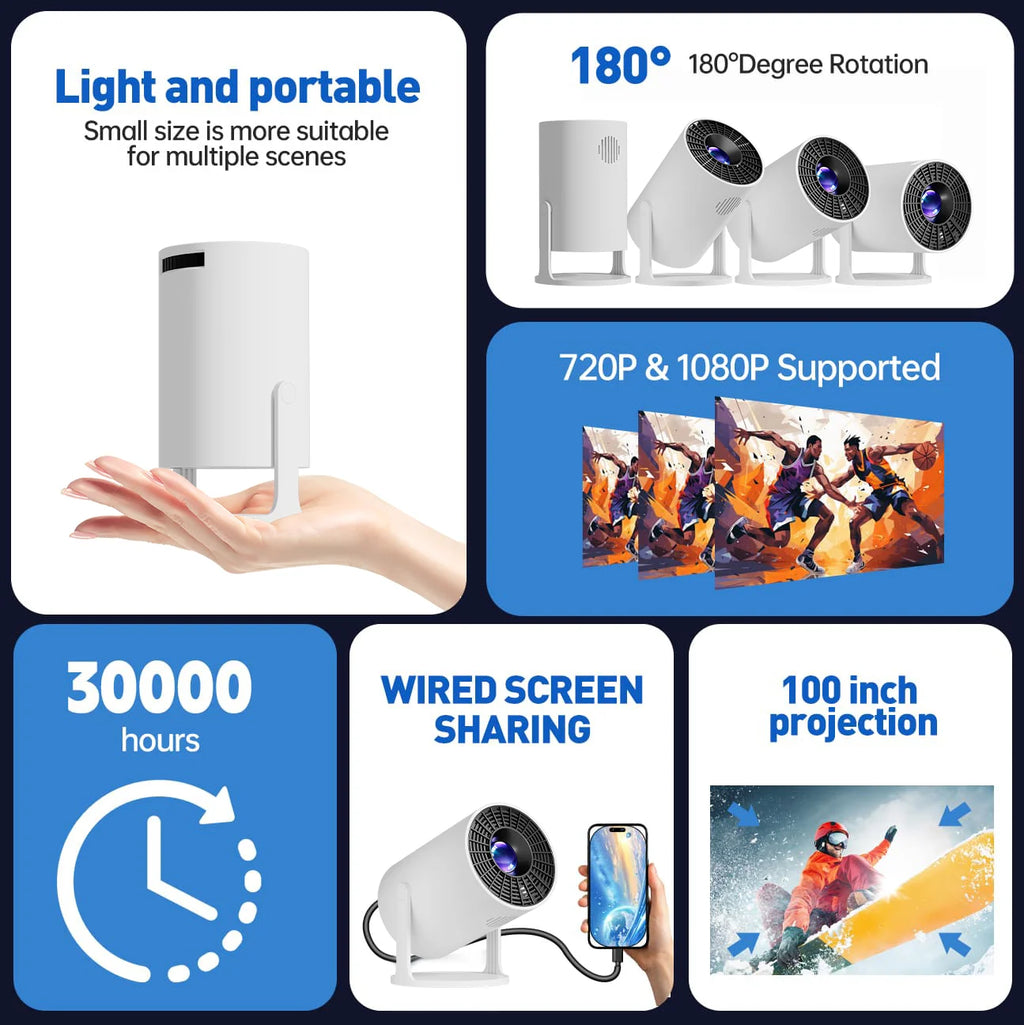 Mini Projecteur 1080P Natif avec Décodage 4K et Projection à Courte Focale, supportant une Rotation à 270° et compatible avec Ordinateurs Portables, Smart