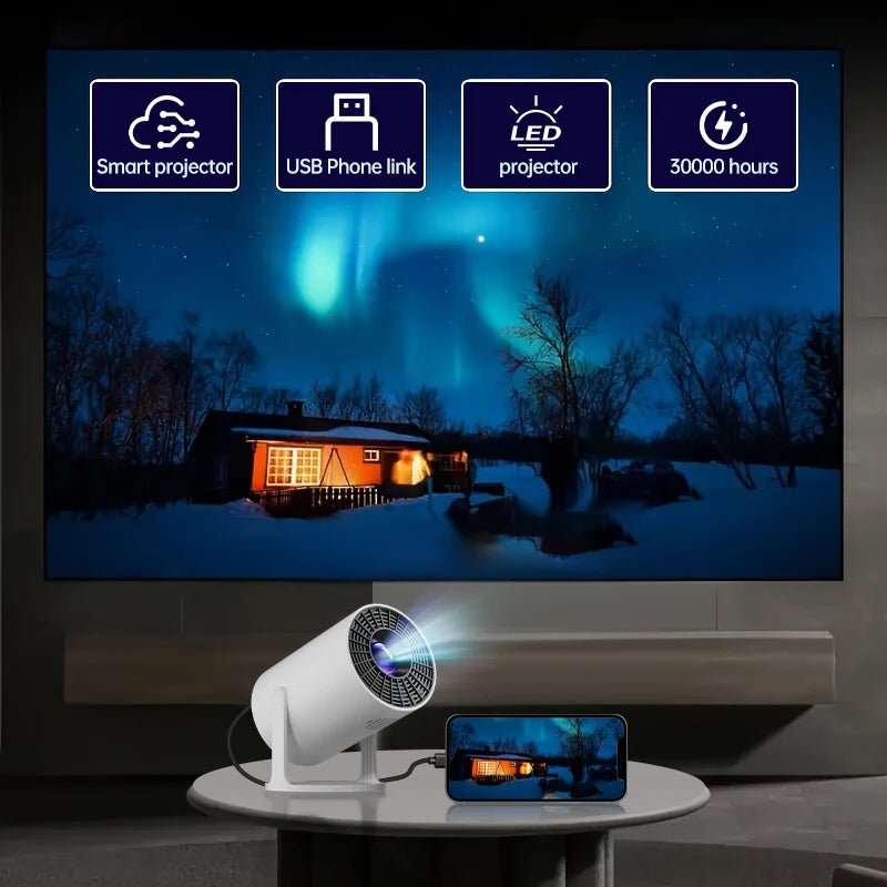 Mini Projecteur 1080P Natif avec Décodage 4K et Projection à Courte Focale, supportant une Rotation à 270° et compatible avec Ordinateurs Portables, Smart