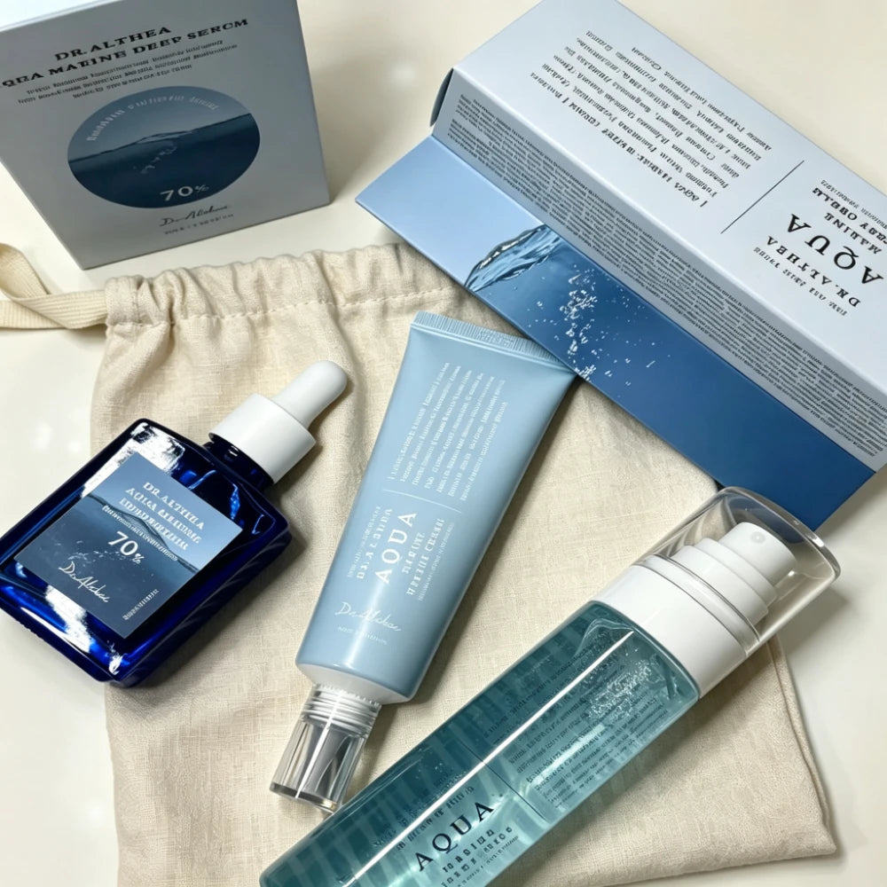 Set de cuidado facial Dr. Althea Korean Aqua Marine: suero hidratante, bruma y crema, con un 70% de agua de bambú, hidratación profunda y calmante para la piel.
