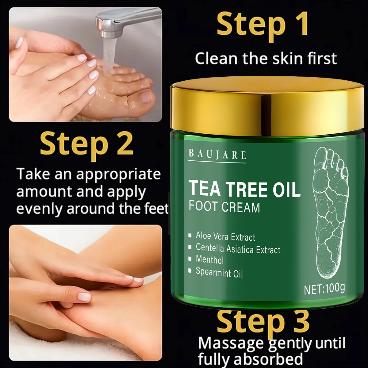 Crème pour les pieds à l'huile d'arbre à thé avec aloès et menthol - Hydrate et adoucit la peau avec de l'acide hyaluronique et du rétinol