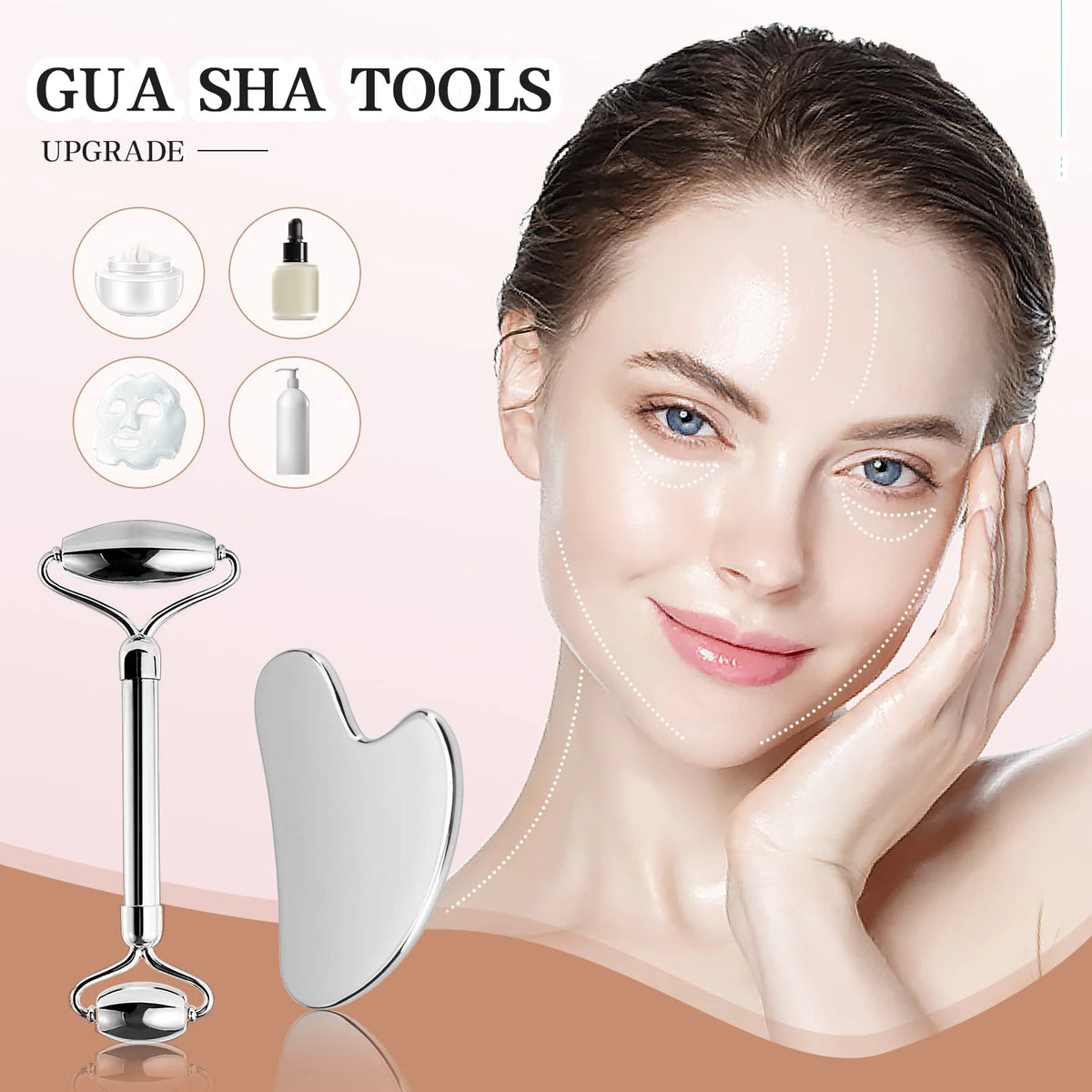 Juego de rodillo facial y Gua Sha de acero inoxidable 304, herramientas faciales para rostro y cuerpo, drenaje linfático, tensión facial, duradero