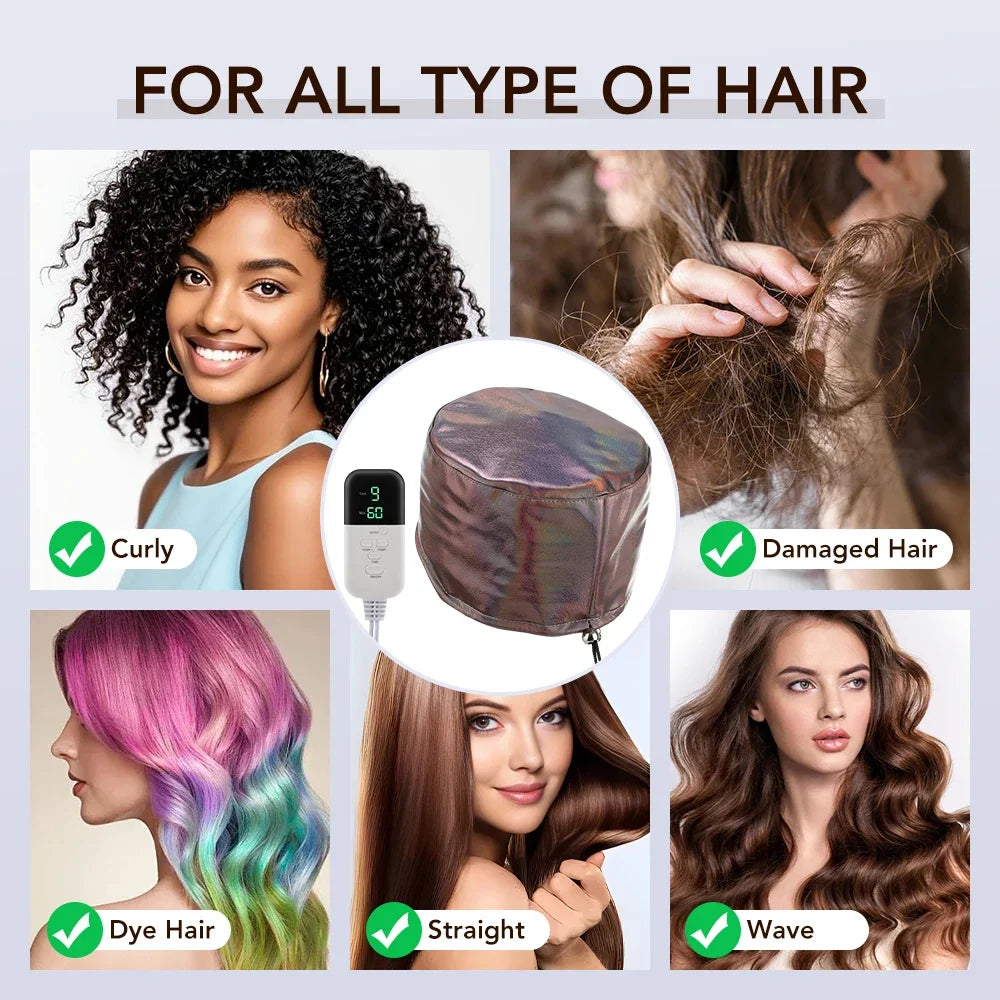 Gorro térmico para el cuidado del cabello de cuero sintético, con 9 niveles de temperatura y 5 temporizadores, impermeable, para tratamientos capilares en casa, herramientas de estilismo y spa.