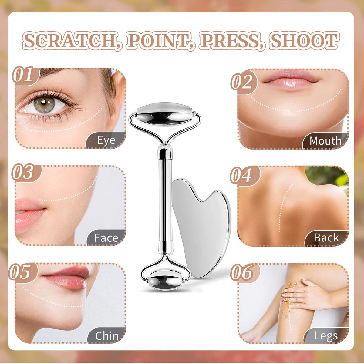 Juego de rodillo facial y Gua Sha de acero inoxidable 304, herramientas faciales para rostro y cuerpo, drenaje linfático, tensión facial, duradero