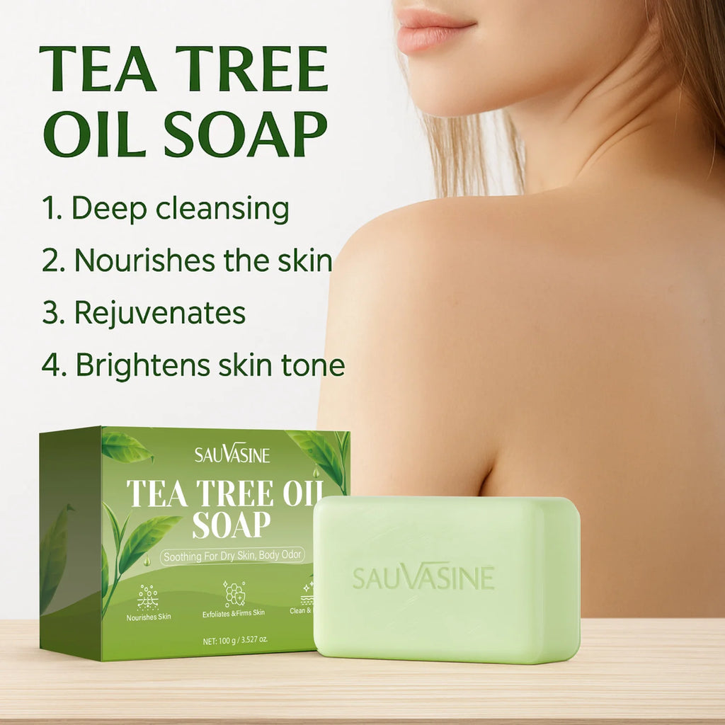 Jabón en barra de aceite de árbol de té para hombres y mujeres, limpieza profunda, calmante para piel seca, cuidado del mal olor corporal, exfolia y reafirma la piel, 100g