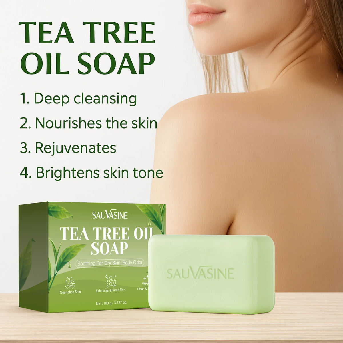 Jabón en barra de aceite de árbol de té para hombres y mujeres, limpieza profunda, calmante para piel seca, cuidado del mal olor corporal, exfolia y reafirma la piel, 100g