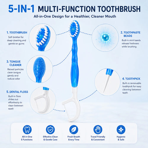 Brosse à Dents Voyage 5-en-1 🦷✈️ — Menthe Fraîche, Sans Eau, Fil Dentaire & Grattoir | Pack de 12