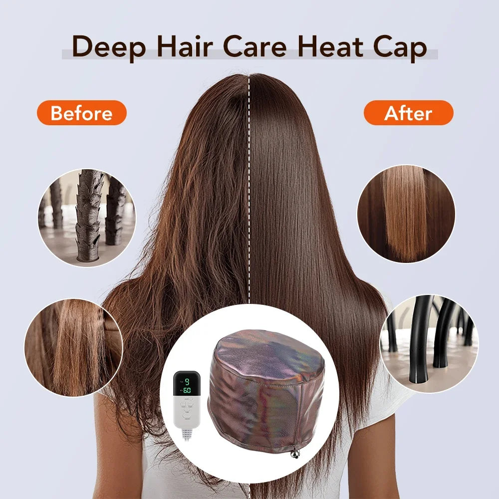 Gorro térmico para el cuidado del cabello de cuero sintético, con 9 niveles de temperatura y 5 temporizadores, impermeable, para tratamientos capilares en casa, herramientas de estilismo y spa.