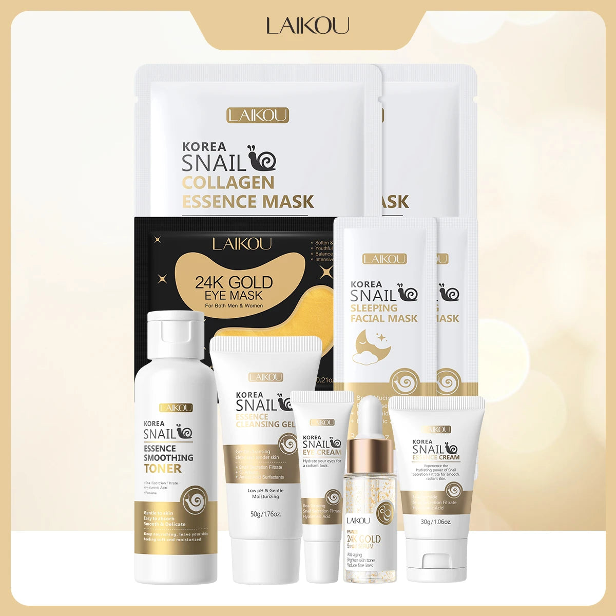 Set de cuidado facial LAIKOU Snail 24K Gold, con secreción de caracol, colágeno, ácido hialurónico y niacinamida, reafirmante e iluminador