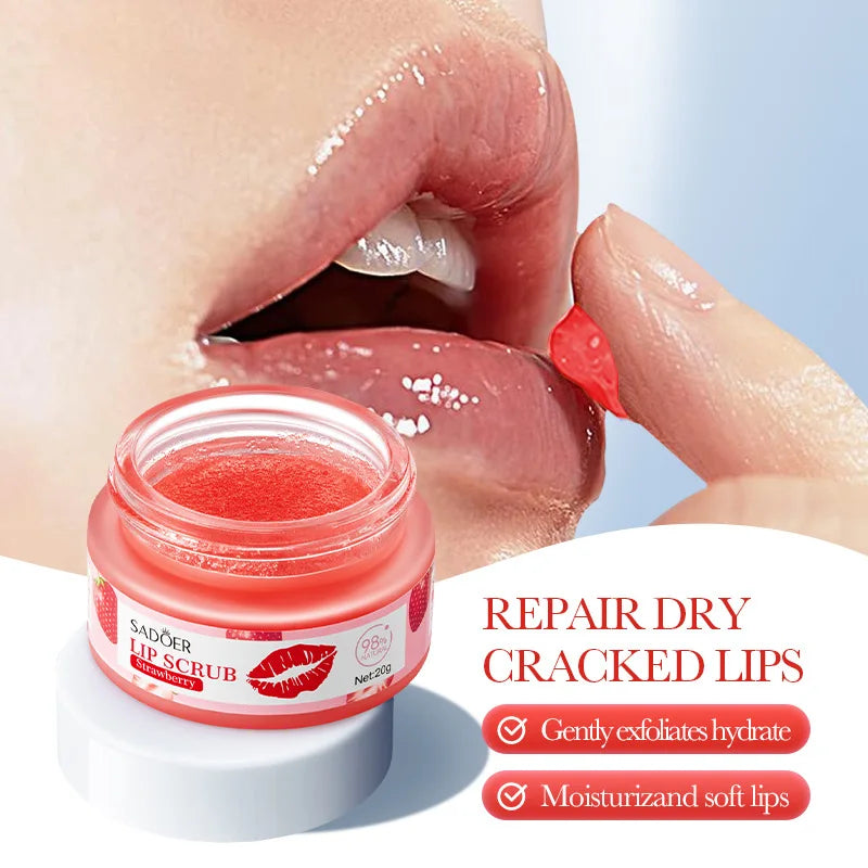 Exfoliante labial de fresa y melocotón SADOER, elimina piel muerta, aclara labios oscuros e hidrata, bálsamo labial nutritivo.