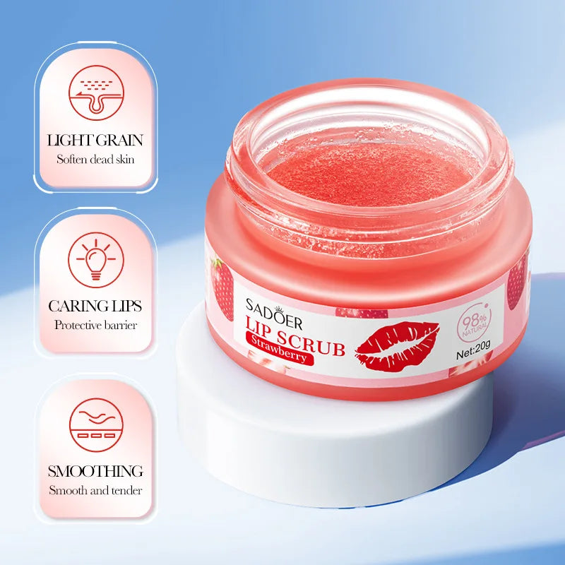 Exfoliante labial de fresa y melocotón SADOER, elimina piel muerta, aclara labios oscuros e hidrata, bálsamo labial nutritivo.