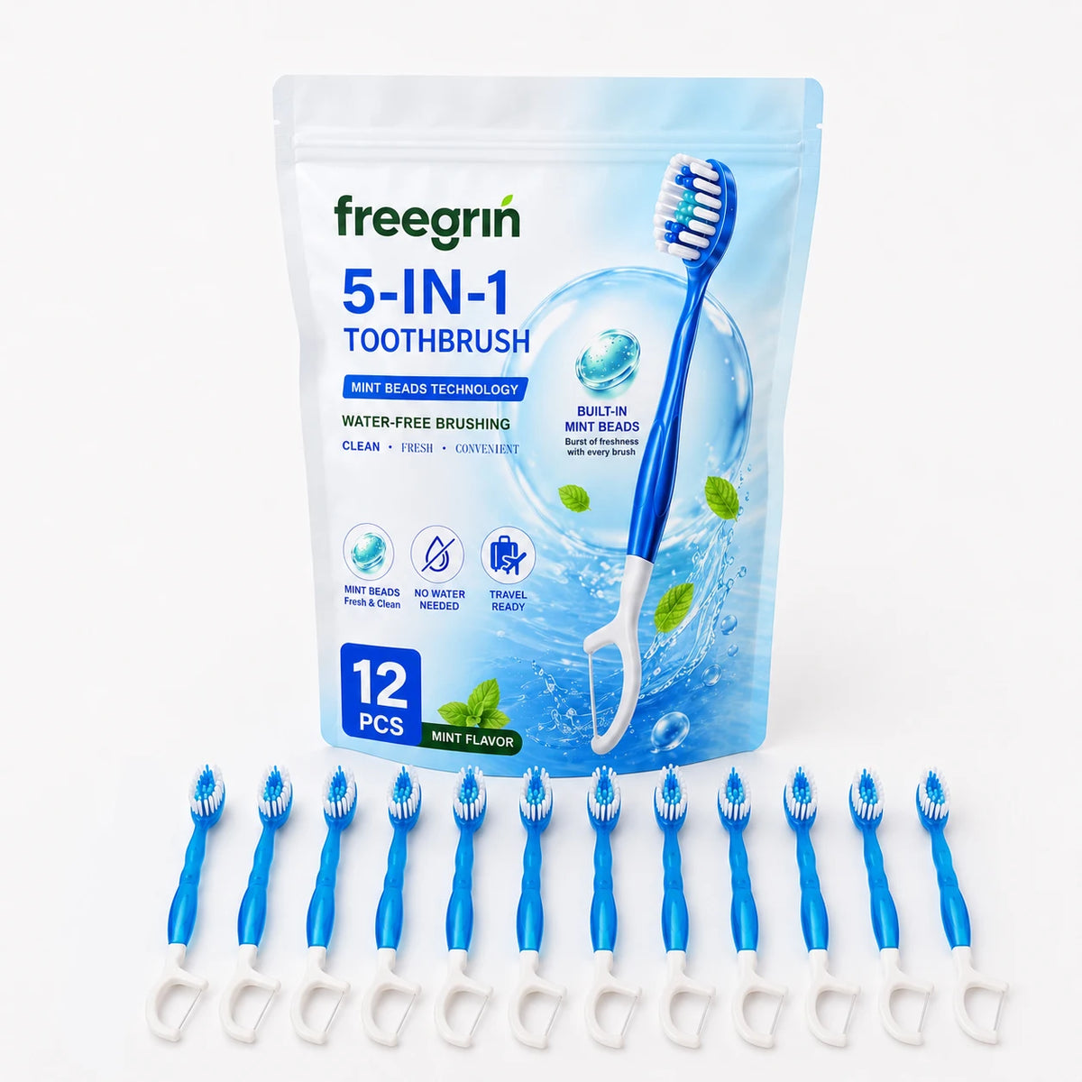 5-in-1 Travel Toothbrush 🦷✈️ — Fresh Mint, Waterless, Dental Floss & Tongue Scraper | 12-Pack