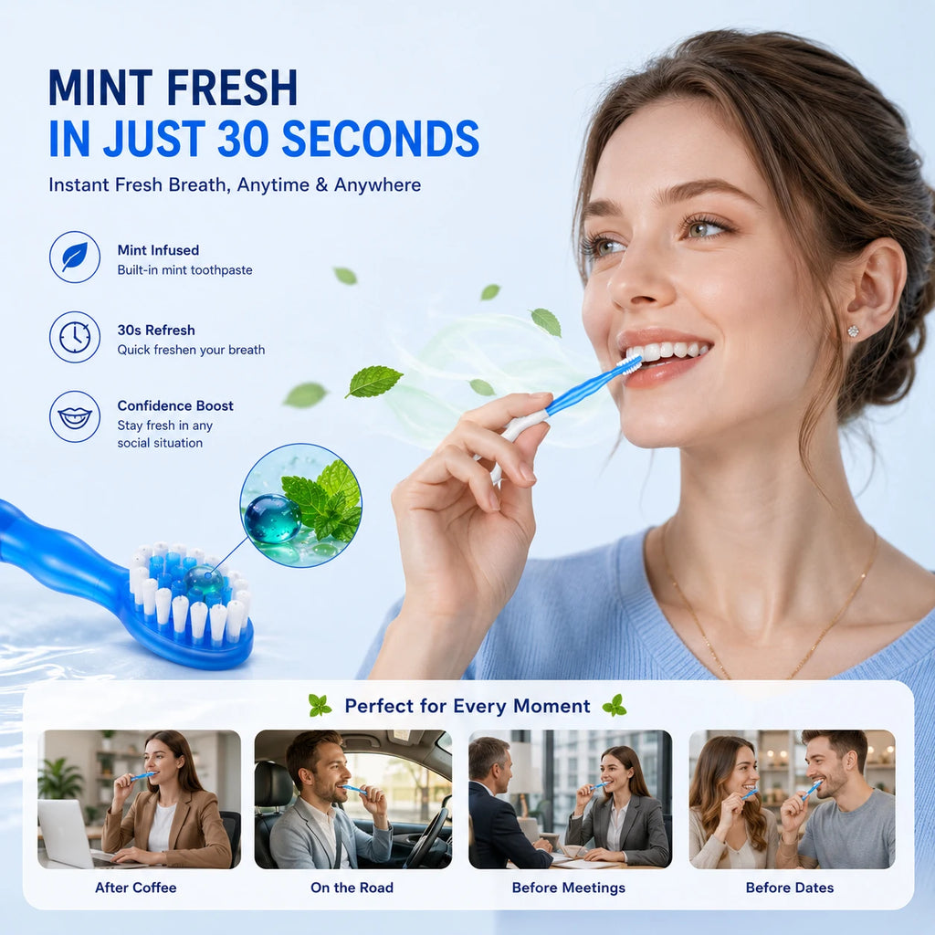 5-in-1 Travel Toothbrush 🦷✈️ — Fresh Mint, Waterless, Dental Floss & Tongue Scraper | 12-Pack
