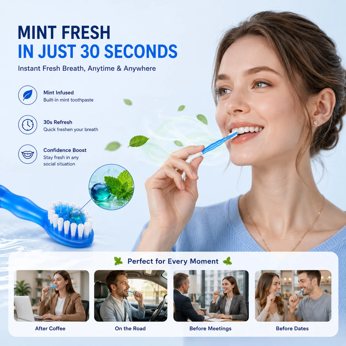5-in-1 Travel Toothbrush 🦷✈️ — Fresh Mint, Waterless, Dental Floss & Tongue Scraper | 12-Pack